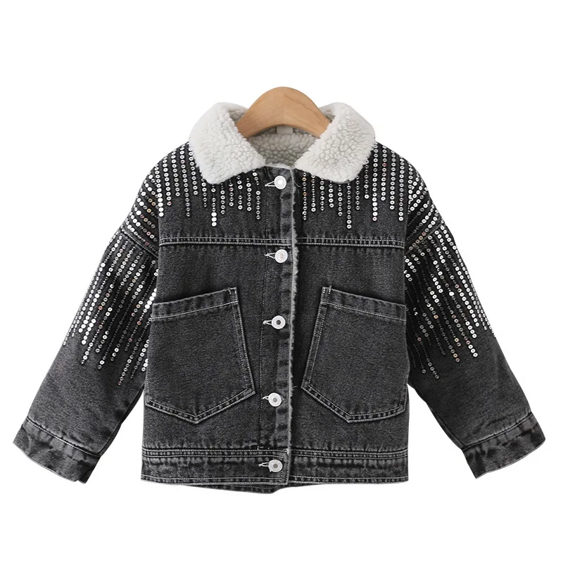 

Autumn Winter Kids Denim Jackets Teenage Girls Toddler Lamb Wool Coat Fashion Children Outerwear Young Girl Sequin Jeans Coat 14