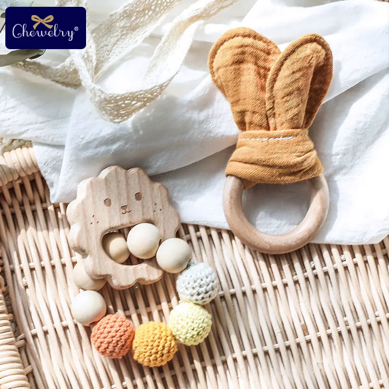 1Set Baby Toys Wooden Teether Bracelet Crochet Beads Hand Teething Rattles Bunny Ear Play Gym Stroller Children's Products | Мать и