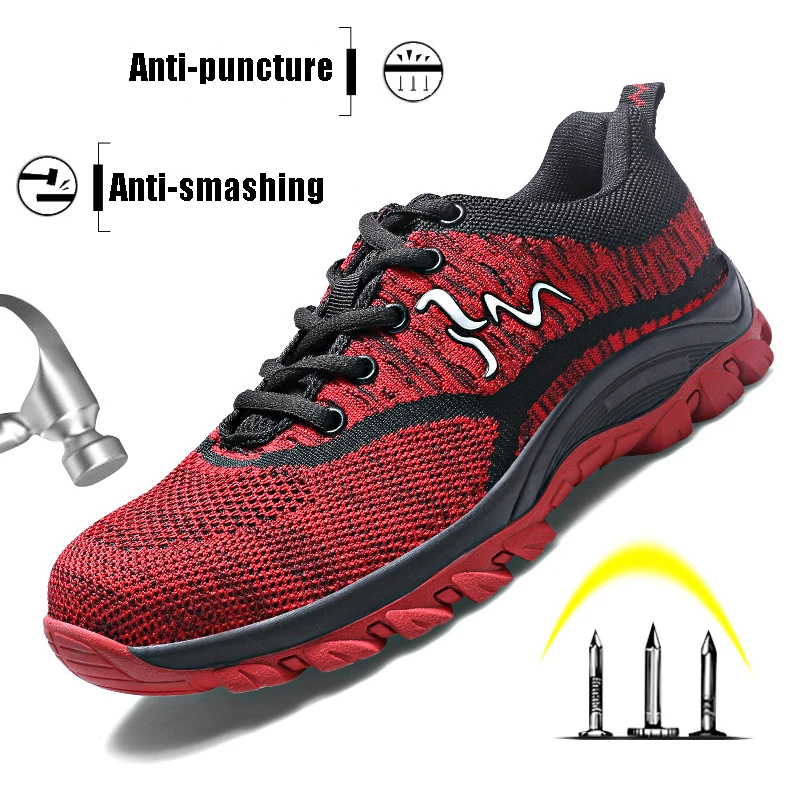 

Men Safety Shoes Boots Male Non-Slip Work Shoes Steel Toe Anti-Smashing Footwear Lightweight Breathable New Red Sneakers Outdoor