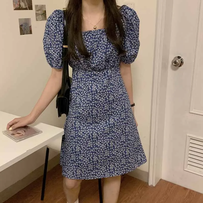 

French retro tender floral high waist slimming puff sleeve A-line dress 2020 New Summer Women korean elegant chic mini dresses
