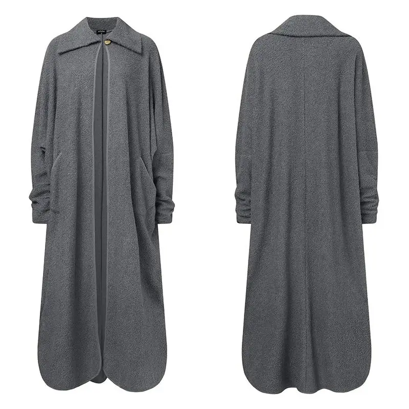 

Women Warm Cardigan Coats VONDA 2021 Fleece Pockets Long Coats Solid Lapel Long Sleeve Jackets Plus Size Outerwears Femme