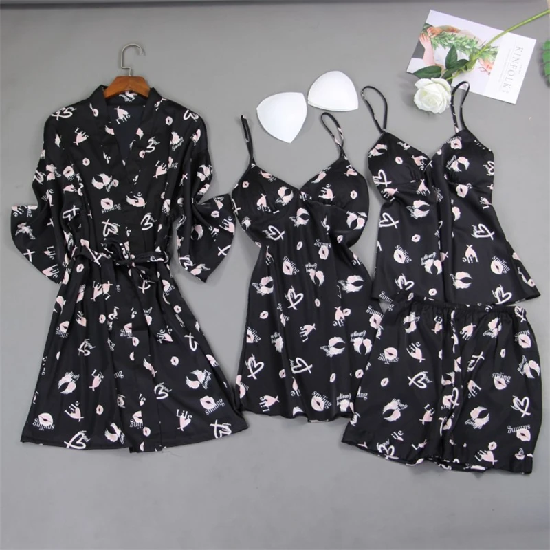 

Spring Autumn Black Pajamas Sets Women 4Pcs Sleepwear Suit Home Wear Nightwear Kimono Robe Bath Gown
