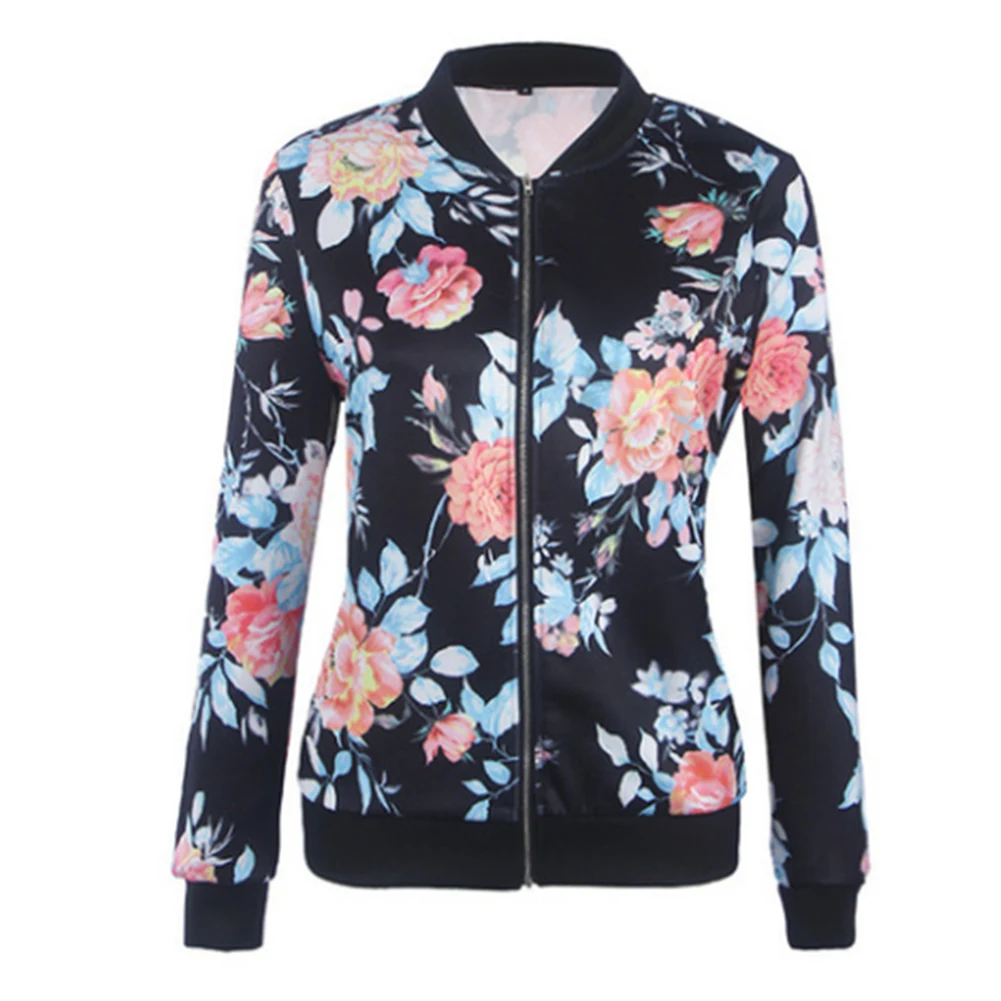 

Women Zipper Floral Bomber Long Sleeve Outwear Casual Retro Coat Autumn Slim Fit