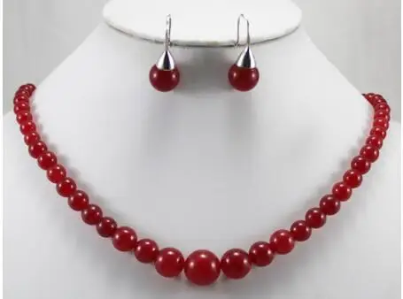 

new design nice 6-12mm 18" red Natural JADE beads necklace and 8mm red Natural JADE earrings set