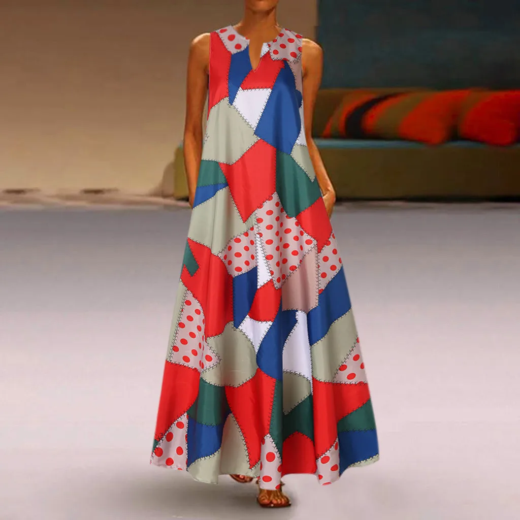 Летнее женское платье макси повседневное винтажное богемное без рукавов с