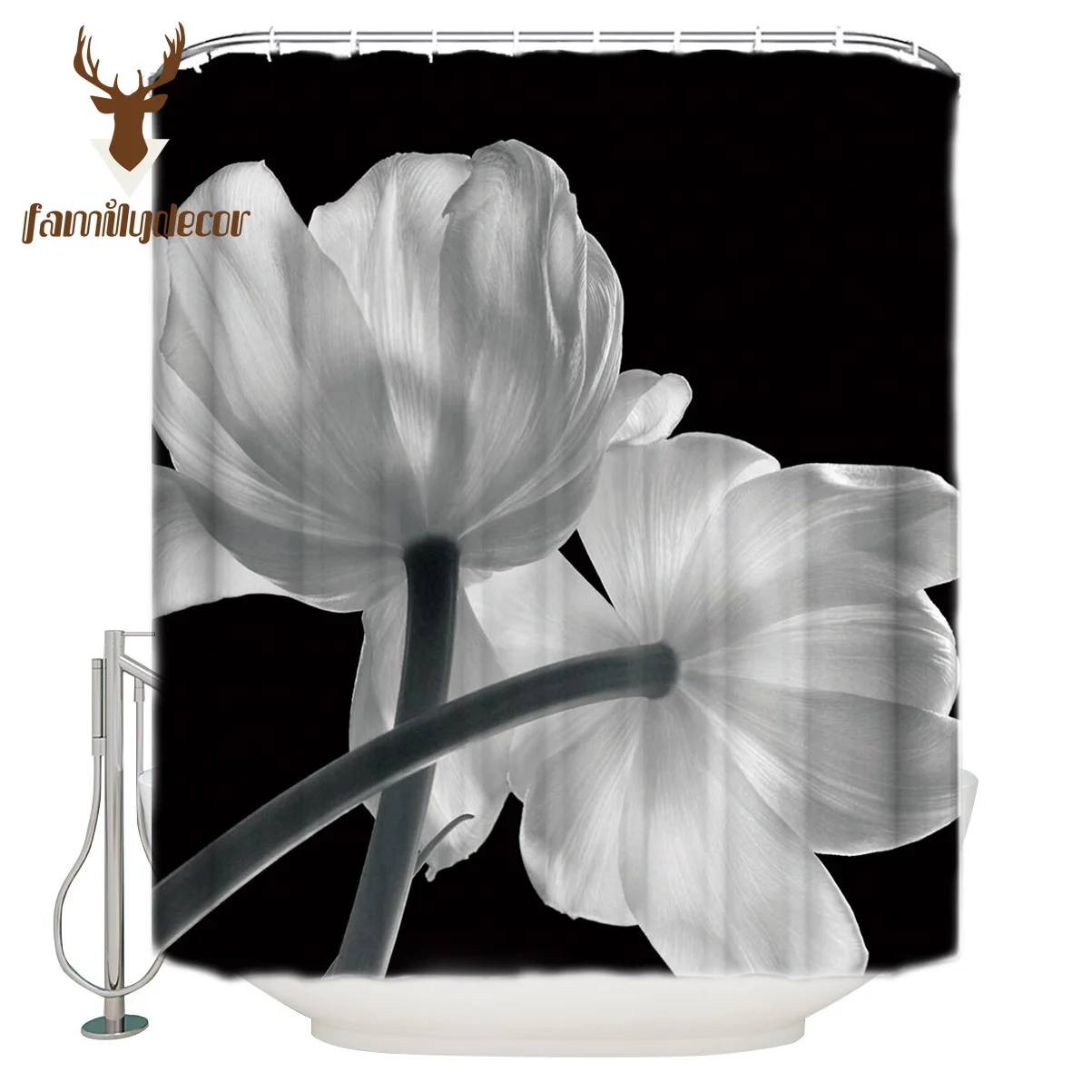 Черно белые тюльпаны с цветочным узором занавески для душа из полиэстера