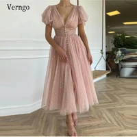 verngo 2021 glitter raffia cream pink tulle prom dresses with golden stars short puffy sleeves buttons tea length party gowns