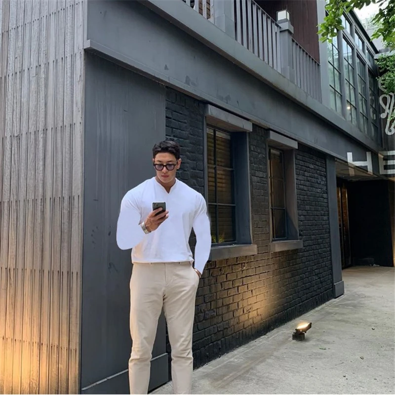 Мужская футболка с V образным вырезом и длинным рукавом для фитнеса повседневная