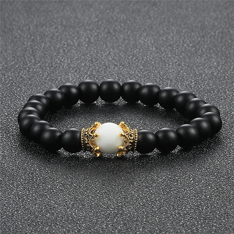 8mm Natural Matte Stone Black White Bead Charm Bracelets&ampBangle King Queen Crown Handmade Elastic Bracelet for Woemn Men Jewelry |