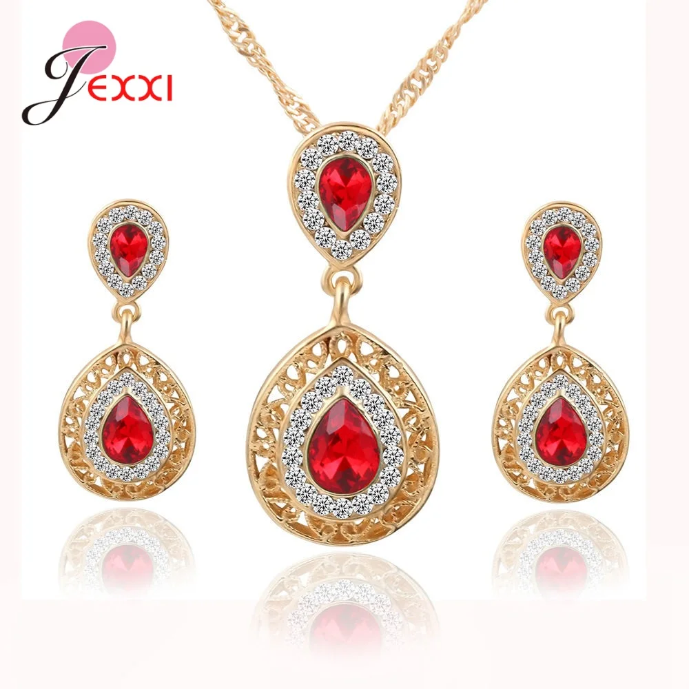 

Fashion Waterdrop Shiny Rhinestones Necklace Earrings Jewelry Set 925 Sterling Silver Statement Tear Stone Wedding Jewelry