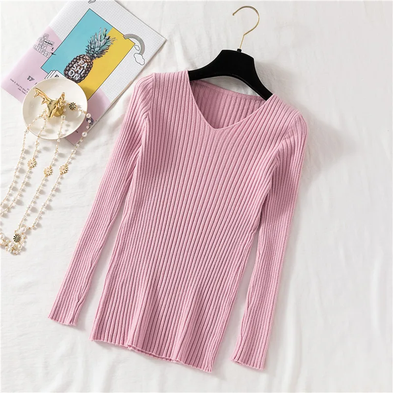 

New Autumn Winter Sweater V-neck Solid Pullover Soft Warm Female Long Sleeve Casual Jumper Fashion Slim Elasticity Pullovers