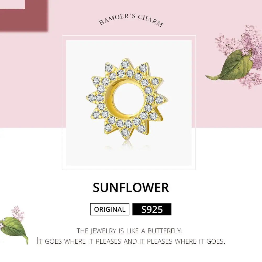 WOSTU 925 стерлингового серебра Подсолнух Солнечный бисер циркон золотой цвет Шарм