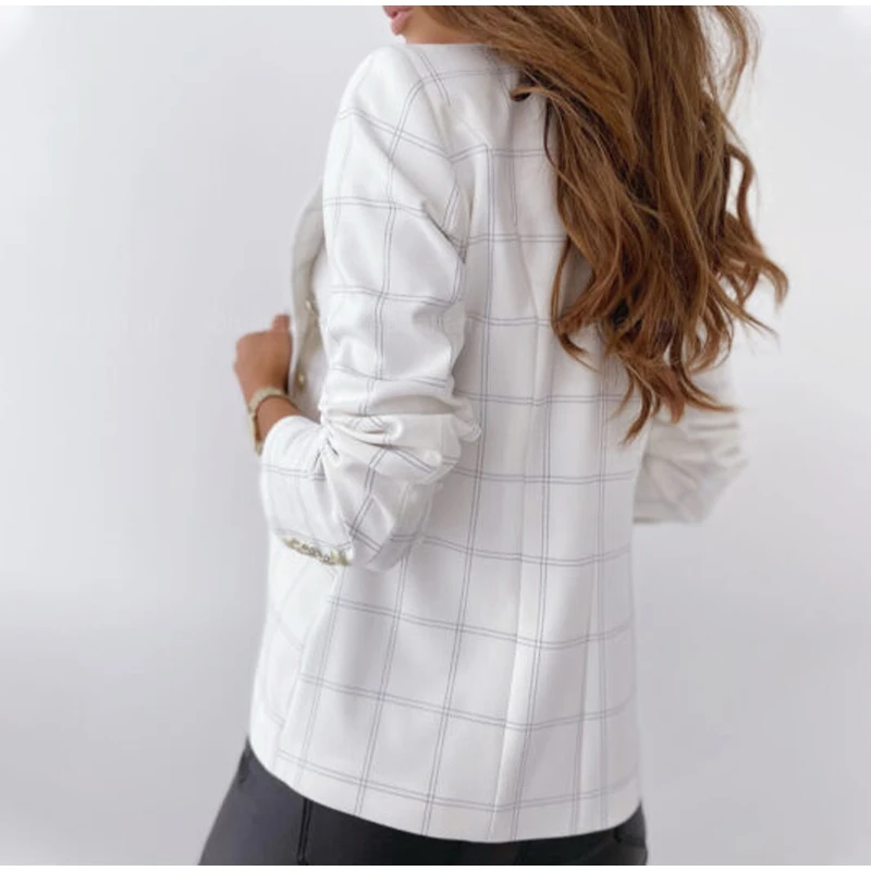 Women's Autumn Check Double-Breasted Blazer - Elegant Slim Fit Casual Suit Jacket for Office Fashion image 3