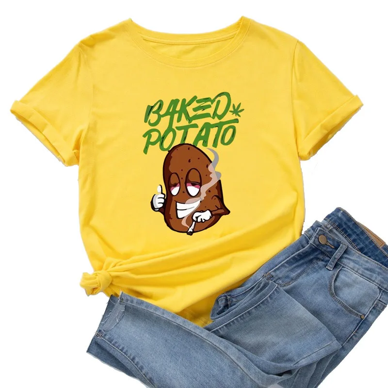 

Female Regular Summer Short Sleeve T-shirt Potato Letter Print Graphic Women Daily Streetwear Ladies Casual Loose O-Neck Tee Top