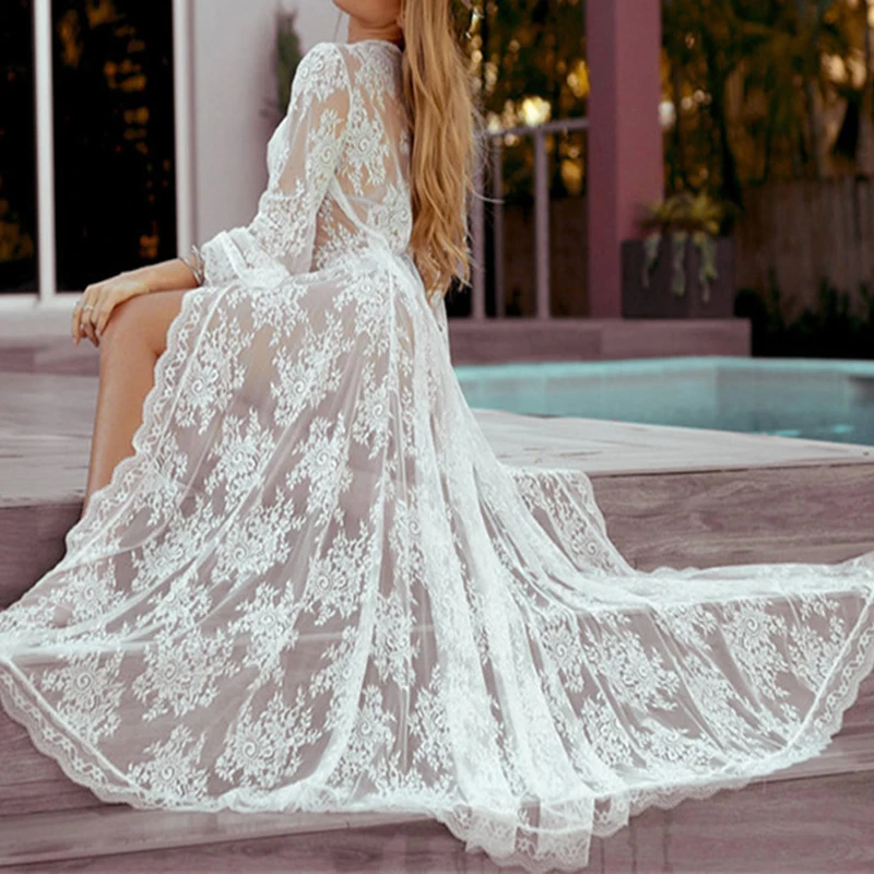 Для женщин кружева полые вязаный купальник Бикини Cover Up длинное пляжное платье