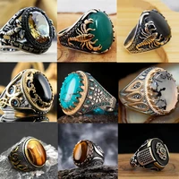 handmade turkish jewelry big oval natural turquoise stone rings for men retro green red blue zircon wedding rings for women