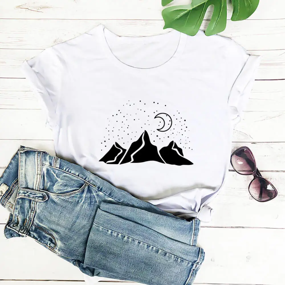 Aesthetic Stars Moon And Geometric Mountains  T-Shirt Fashion Women Graphic Nature Tshirt Casual Summer Tumblr Hipster Tee
