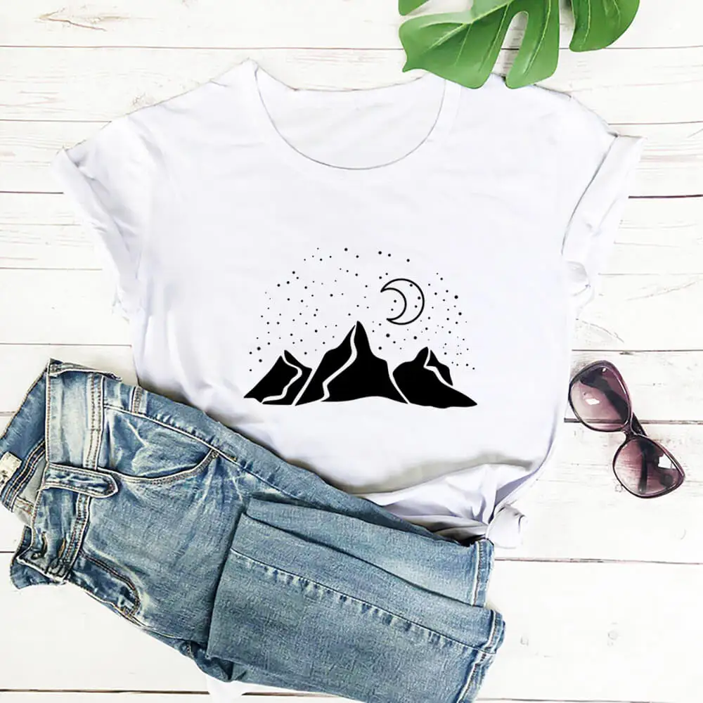 

Aesthetic Stars Moon And Geometric Mountains T-Shirt Fashion Women Graphic Nature Tshirt Casual Summer Tumblr Hipster Tee