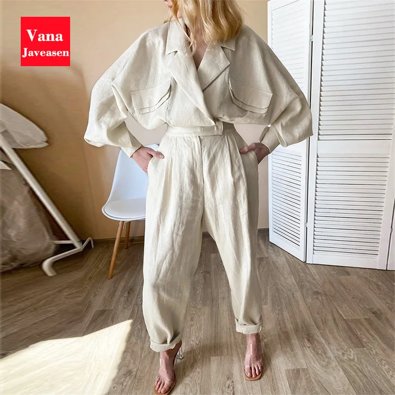 

Комплект из двух предметов: Длинный блейзер и брюки, женский комплект одежды, свободный длинный рукав, отложной воротник, карман, двубортное...