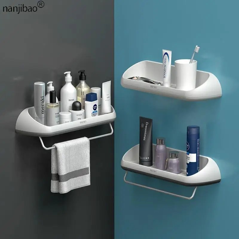 Wall Mounted Bathroom Shelf Shampoo Shower Shelves Holder Kitchen Storage Rack Organizer Towel Bar Bath Accessories