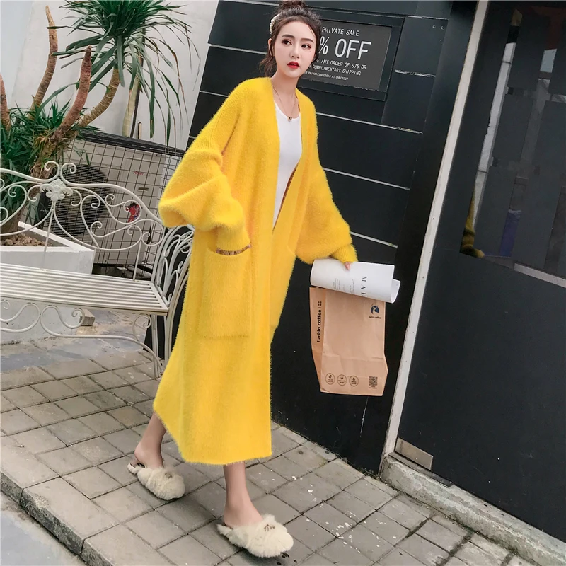 high quality faux mink velvet loose women's knitted cardigan winter long open stitch outerwear plus size yellow sweater coats |