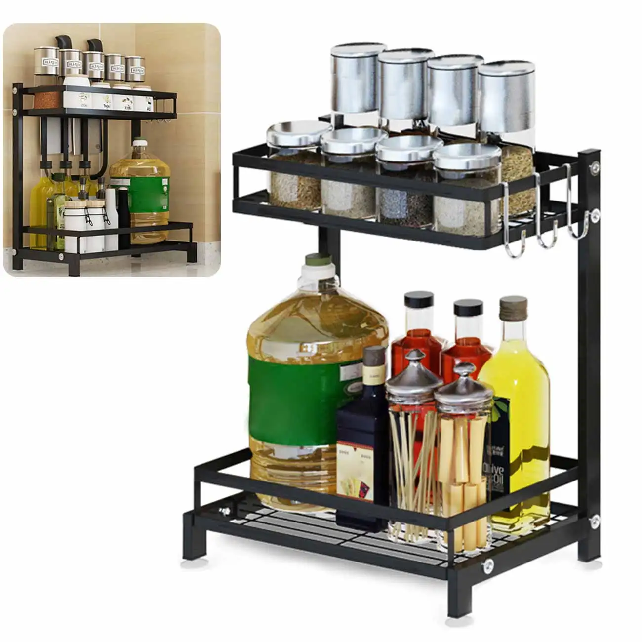 

Standing Spice Rack 2 Tier Spice Bottle Jars Storage Shelf With 3 Hooks Perfect For Holding Kitchen Utensil