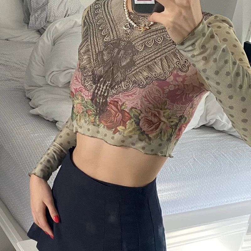

Женские богемные укороченные топы, винтажные облегающие футболки с цветочным принтом, длинным рукавом и круглым вырезом, повседневные укороченные трикотажные свитеры