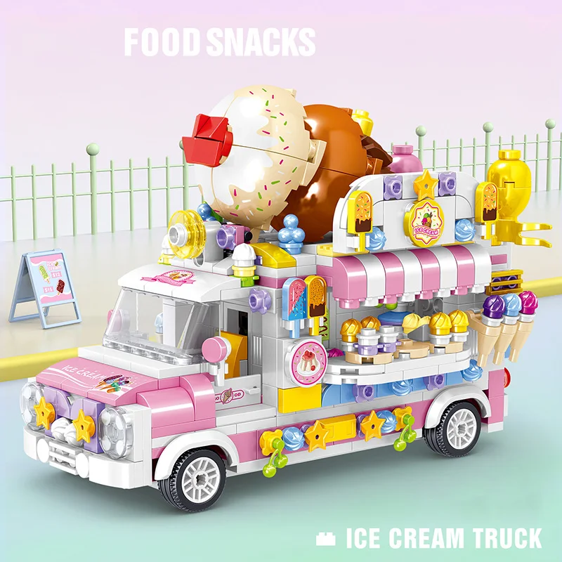 City Food Snacks Car Micro Building Block DIY Fruit Sushi Cart Dessert Trolley Hamburg Ice Cream Truck Mini Bricks Toys Kids | Игрушки и