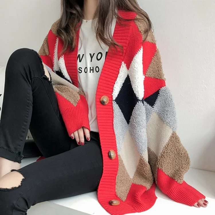 red Клетчатые Длинные кардиганы, женские свитера, джемпер с пышными рукавами, повседневные женские вязаные куртки, зимняя верхняя одежда, пальто, женский свитер, Mujer - Цвет: red