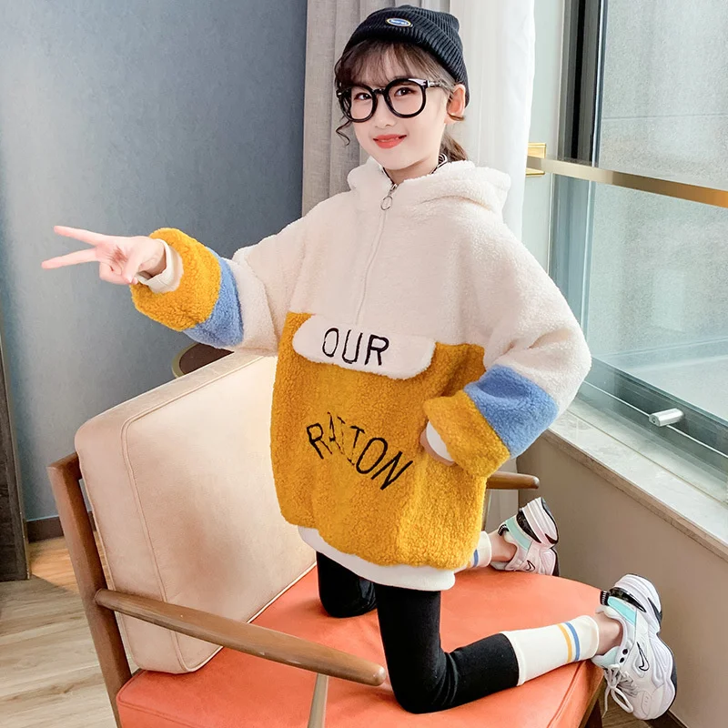 

Толстовки с капюшоном для девочек и мальчиков, детская куртка 2021, милый зимний и осенний теплый топ, утепленный бархатный пуловер, хлопковый...