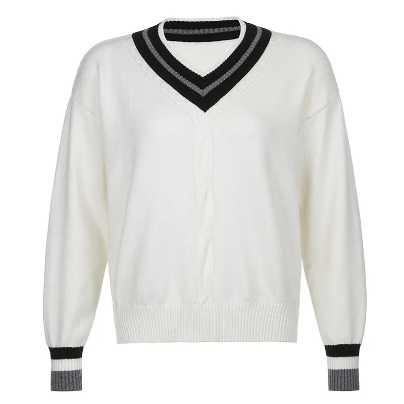 

White Oversize Women's Sweaters Y2K Women Jumpsuits 90s V-Neck Twist Aesthetic Knitwear Autumn Winter Fashion Knit Sweaters