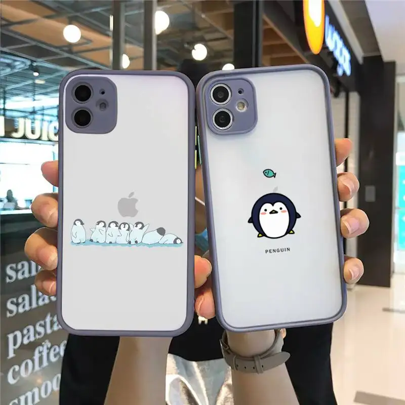 

cartoon penguin Phone Case For iPhone 13 12 11 Mini Pro XR XS Max 7 8 Plus X Matte transparent Gray Back Cover