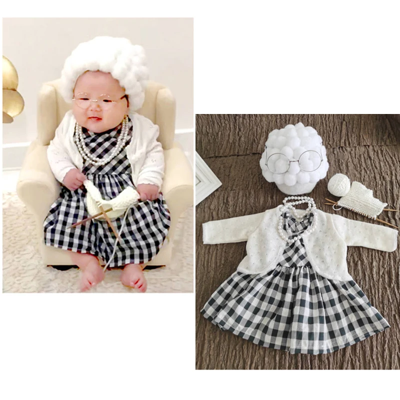 

Newborn Photography Props Infant Costume Outfit Old Man Wig Hat Photo Shooting Gentleman Dresses Cosplay Suit Real Photo