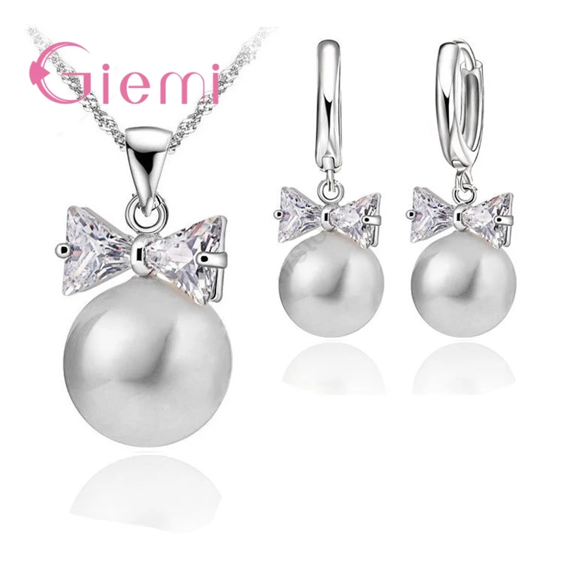 

Hot Sell Earrings Necklace Crystal Pearl Jewelry Set 925 Sterling Silver Pearl Crystal Bow Tie Hoop Earrings Necklace Set