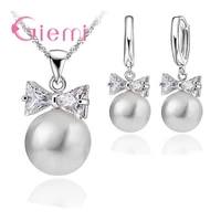 hot sell earrings necklace crystal pearl jewelry set 925 sterling silver pearl crystal bow tie hoop earrings necklace set