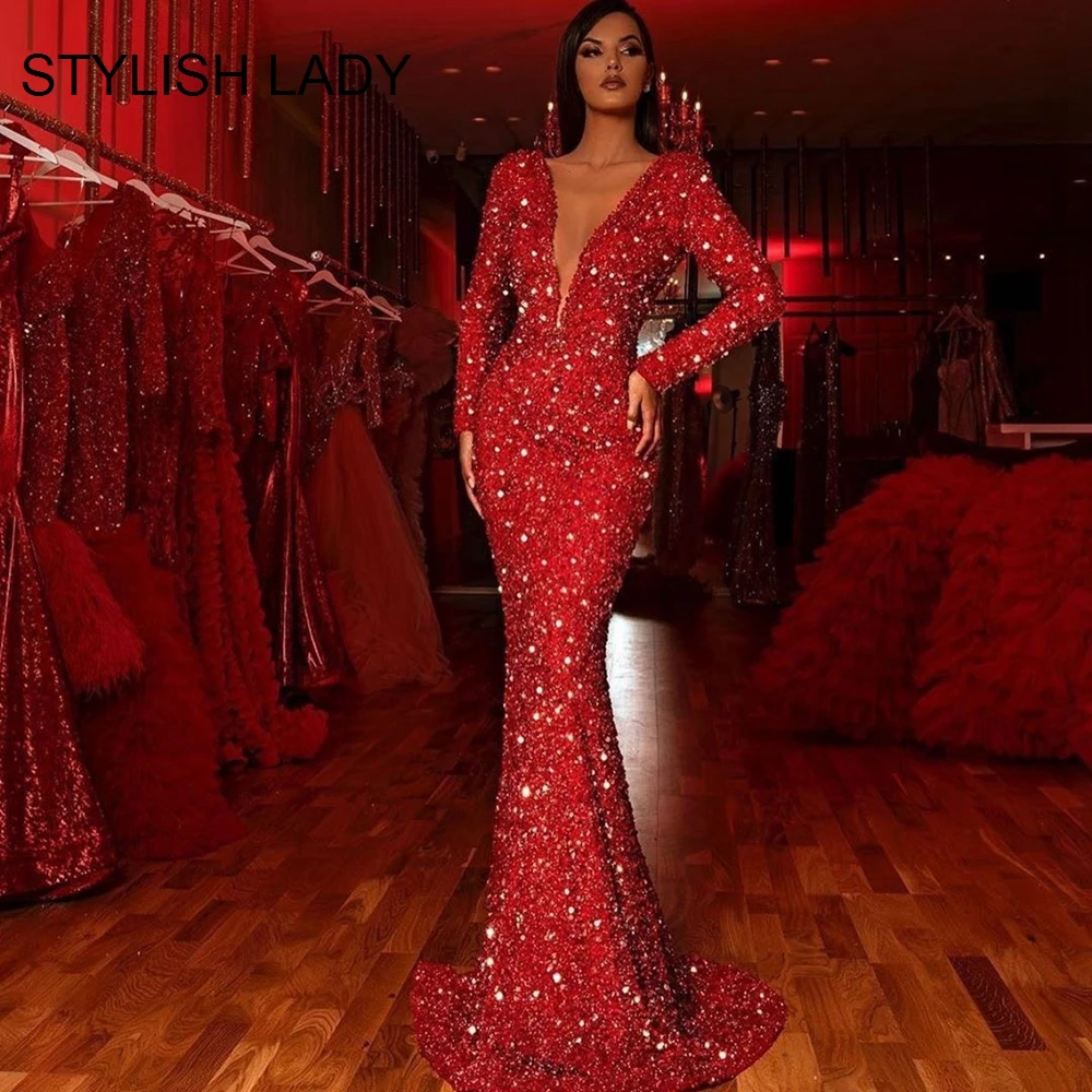 

STYLISH LADY Glitter Sequin Party Dress 2019 Autumn Winter Women Long Sleeve Deep V Neck Club Party Red Shiny Long Runway Dress