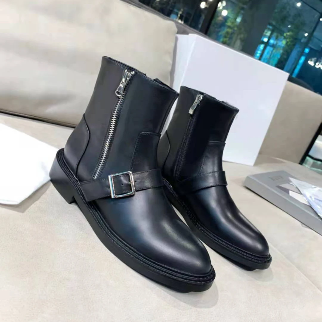 

Vallu 2021 new full leather high-end pin buckle flat comfortable female motorcycle boots