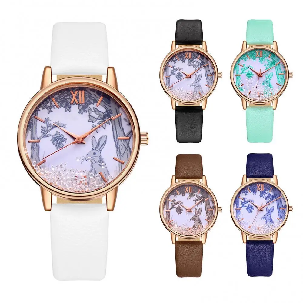 

Luxury Rhinestones Women Watches Fashion Rabbit Pattern Dial Quicksand Ladies Wristwatches Qualities Female Quartz Leather Watch