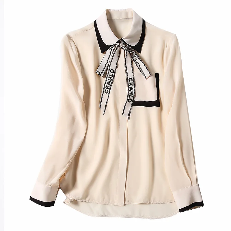 

2021 new summer women's shirt fashion lace-up color matching mulberry silk crepe de Chine long sleeve breathable shirt women