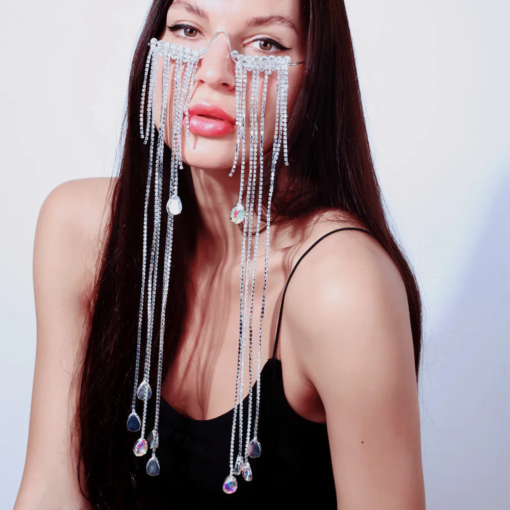 

Novelly Super Long Tassel Rhinestone Pendant Cover Face Eyeglasses Jewelry for Girl Crystal Masquerade Face Eye ChainAccessories