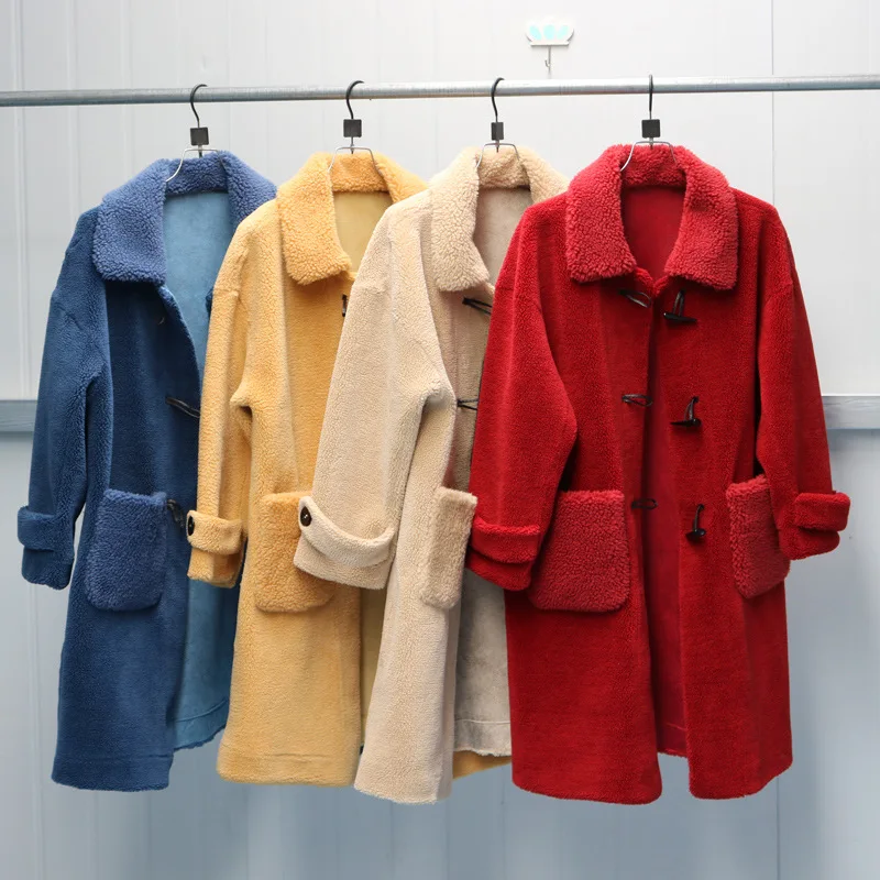 

Autumn winter new style fur coat sheep shearing coat female mid-length horn buckle composite fur one imitation cashmere B266