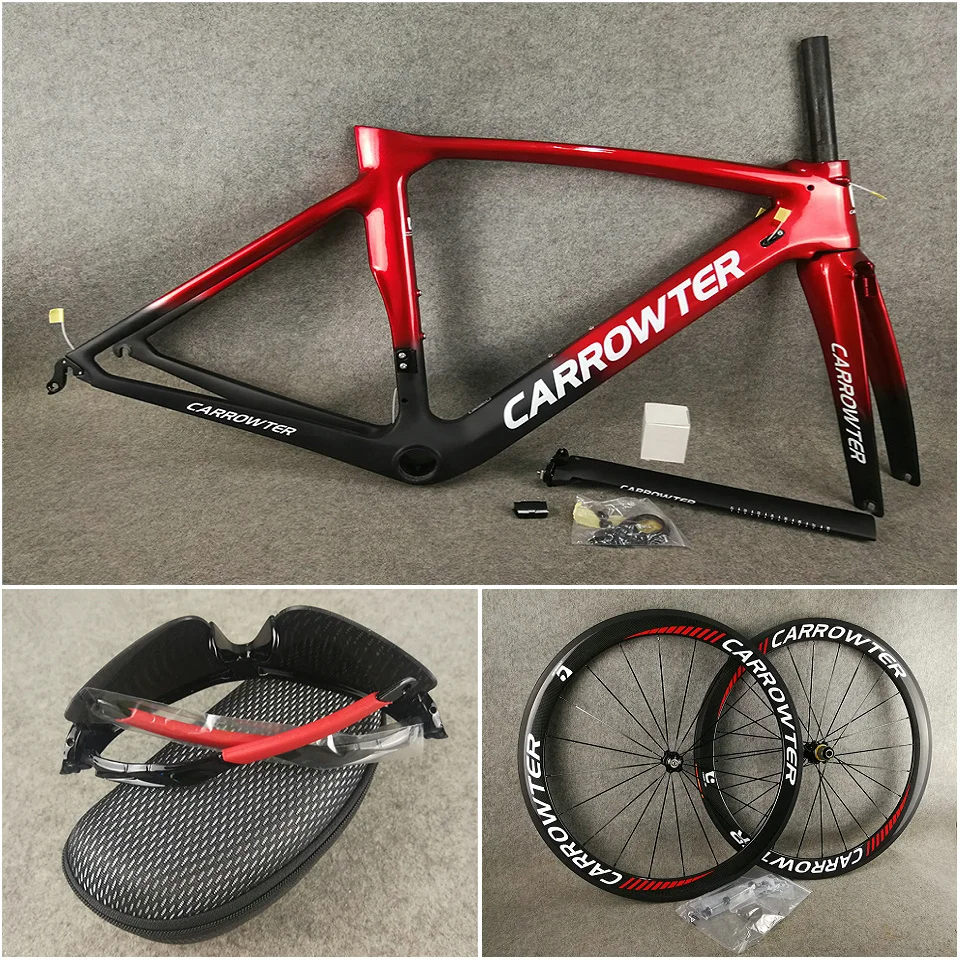 

Transparent Red T1000 UD Matte-Glossy CARROWTER Carbon Road Bike Frames Direct Mount Brakes Frameset with 50mm carbon Wheels