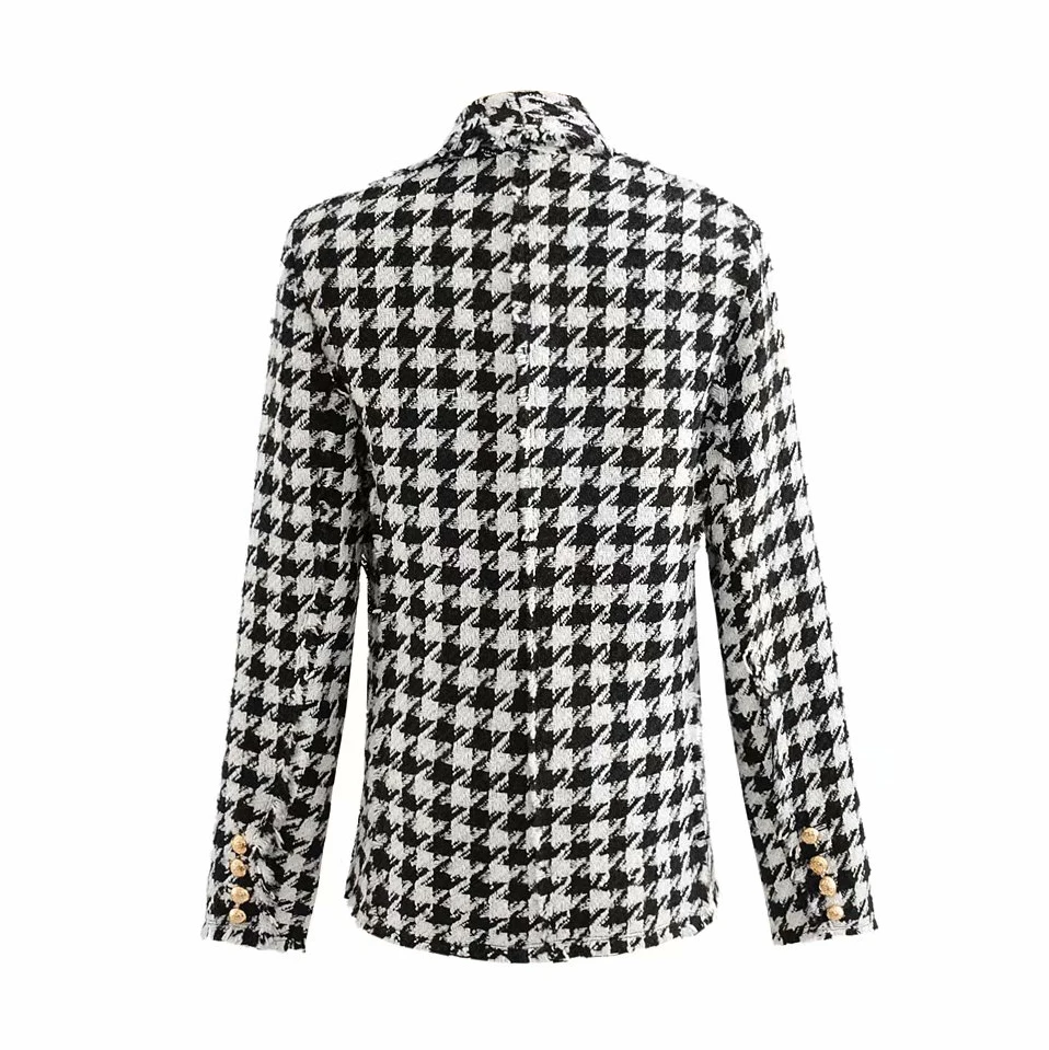 

Stylish Houndstooth Double Breasted Blazer Coat Women Autumn Fashion Long Sleeve Frayed Trims Outerwear Chic Plaid Tops