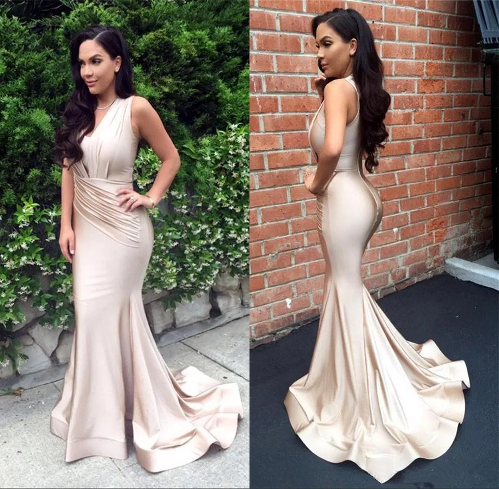 

New Arrival Vestidos De Festa 2020 Ruched Long Sweep Mermaid Evening Dresses Zipper Back Bride Party Formal Gowns