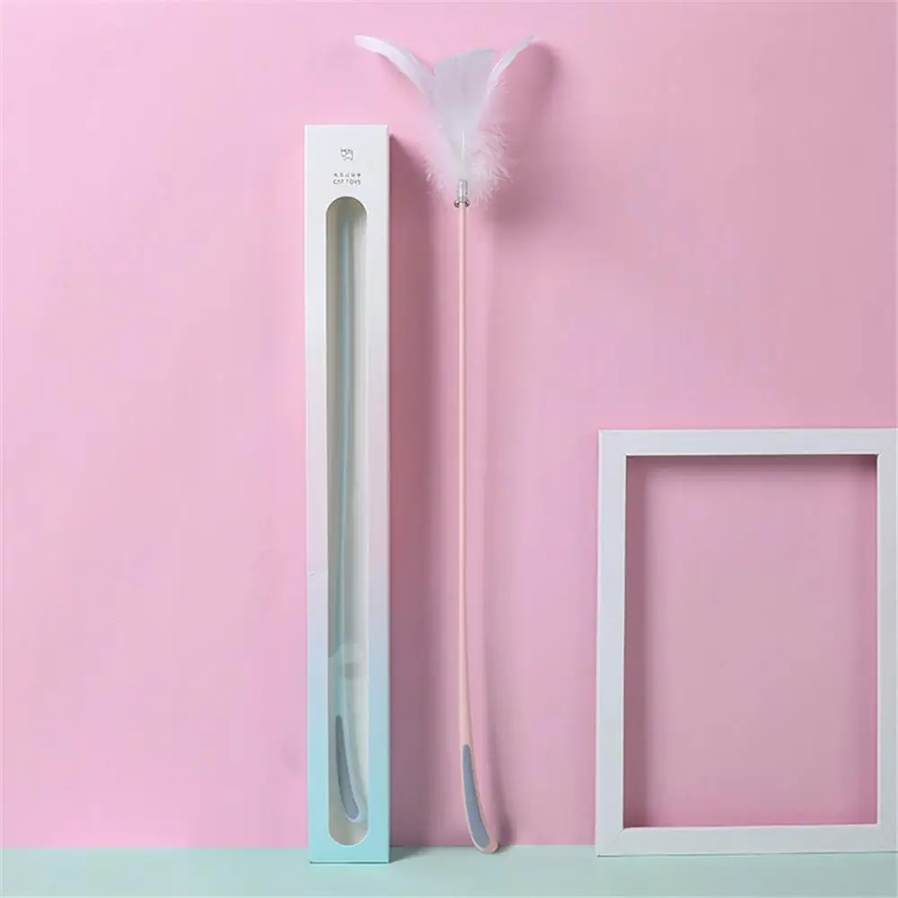 

High Quality Funny Cat Wand Rabbit Ear Shaped White Goose Feather with Bells Cat Teaser Stick Kitten Interactive Scratching Toy