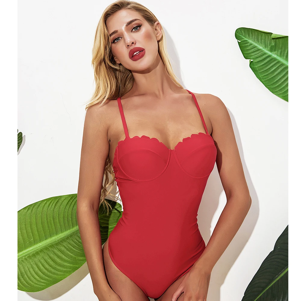 Новинка Одноцветный красный купальник с прокрутки женский открытой спиной