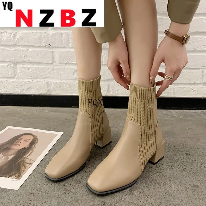 

2022 Autumn and Winter New Women's Boots PU Comfortable Low-heeled Nude Boots Square Toe Short Boots Thick Heel Casual Boots