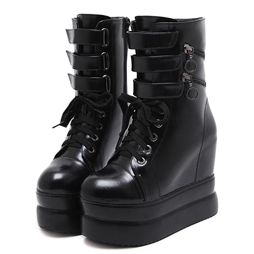 black shoes Gdgydh/Новинка; ботинки на платформе со шнуровкой; обувь в готическом стиле; женская пикантная обувь на танкетке с молнией; сезон осень-зима; мягкая кожа; - Цвет: black shoes