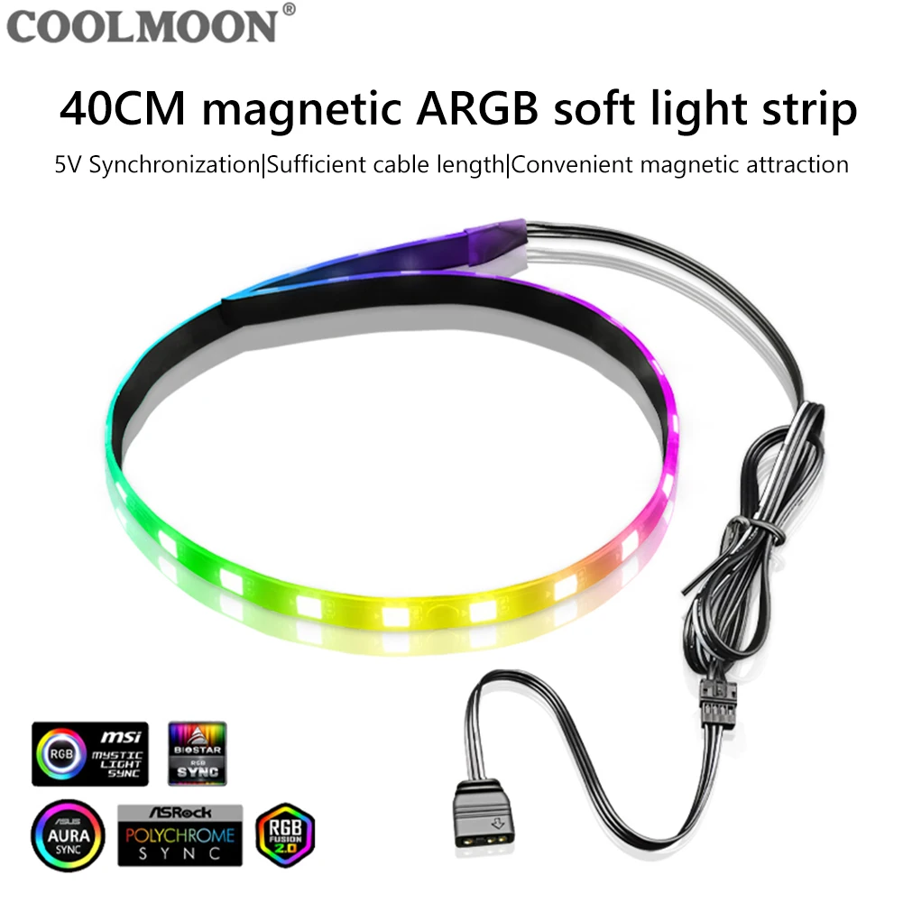 

COOLMOON CM-LS40 LED Strip 4 Pin Interface Magnetic RGB Light Strip 40cm 5V ARGB 24 Lamp Beads Soft LED Strip for Computer