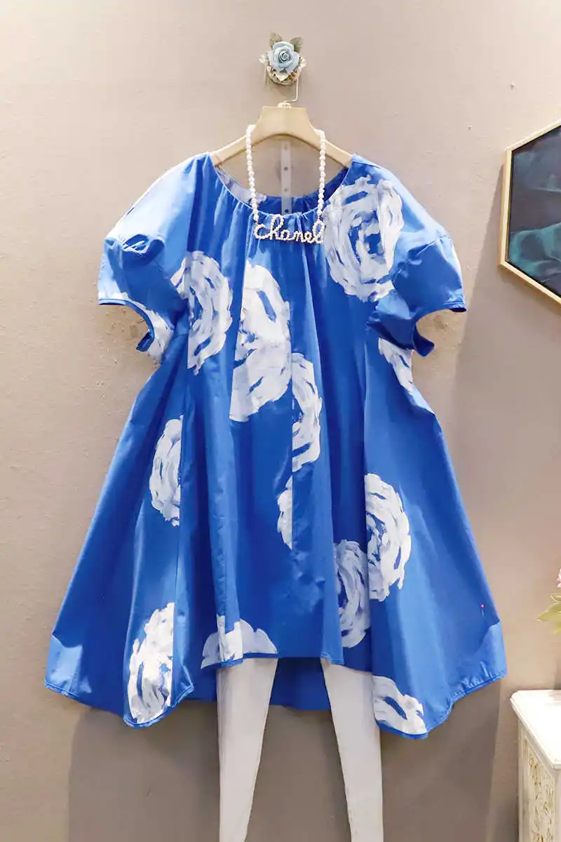 

IEQJ Women Black Casual Flower Print Loose pleated Irregular mini Dress New O-neck Short Puff Sleeve Fashion Summer 2021 3F1282